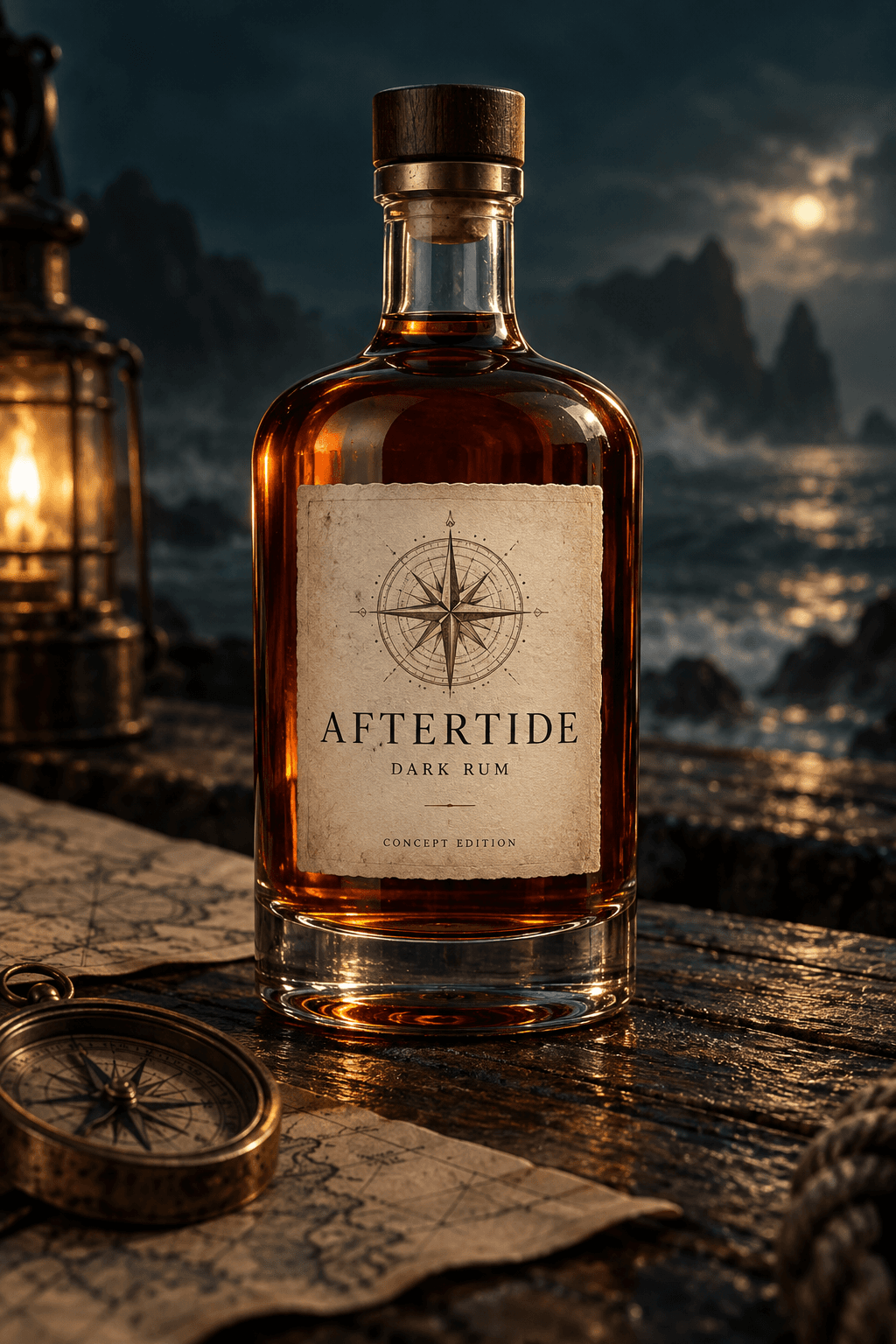 AFTERTIDE fictional rum bottle and compass brand concept